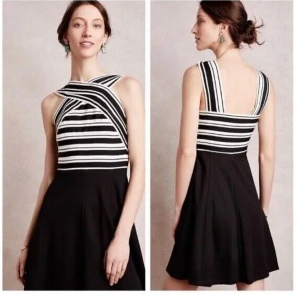 Anthropologie Maeve Black White Criss Cross Y2K Bandage Flare Dress Size 0P